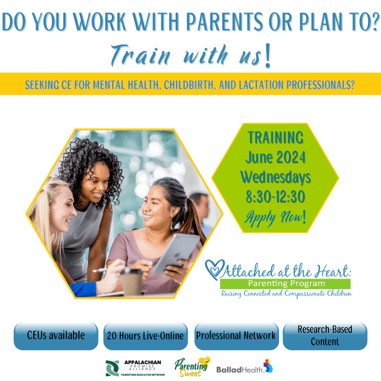 Do you work with parents or plan to? Train with us! Training June 2024 Wednesdays 8:30 - 12:30. Apply now! Attached at the Heart Parenting Program. Raising Connected and Compassionate Children. CEUs available. 20 hours live-online. Professional Network. Research-based content. 
